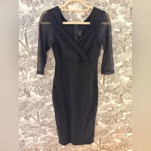 Steady Clothing Black Mesh Sleeve Diva Pinup Dress Sheer Size L Wiggle Retro EUC
